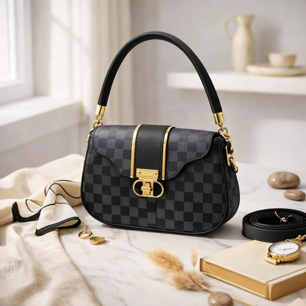 Luxury Black Checkered Handbag with Gold Lock – Elegant Designer Shoulder Bag for Women